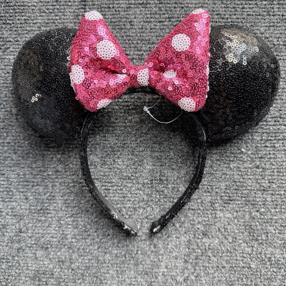 Disney Sequin Minnie Mouse Ears with Polka Dot Hot Pink Bow Headband NEW